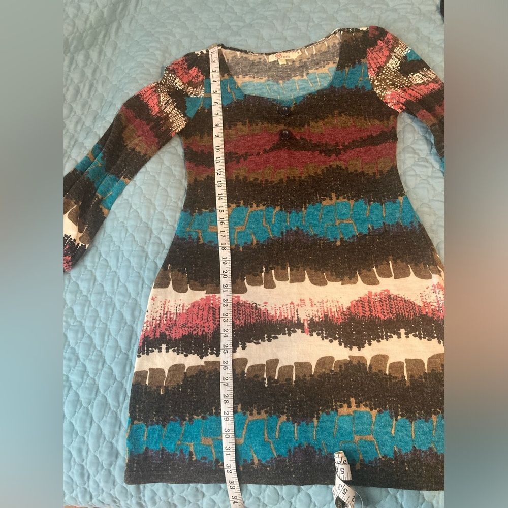 ARYEH Mini Dress Long Sleeve Brown Blue Burgundy Pink Tan Striped Size M - Picture 9 of 12